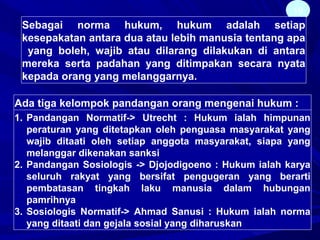 19
Sebagai norma hukum, hukum adalah setiap
kesepakatan antara dua atau lebih manusia tentang apa
yang boleh, wajib atau dilarang dilakukan di antara
mereka serta padahan yang ditimpakan secara nyata
kepada orang yang melanggarnya.
Ada tiga kelompok pandangan orang mengenai hukum :
1. Pandangan Normatif-> Utrecht : Hukum ialah himpunan
peraturan yang ditetapkan oleh penguasa masyarakat yang
wajib ditaati oleh setiap anggota masyarakat, siapa yang
melanggar dikenakan sanksi
2. Pandangan Sosiologis -> Djojodigoeno : Hukum ialah karya
seluruh rakyat yang bersifat pengugeran yang berarti
pembatasan tingkah laku manusia dalam hubungan
pamrihnya
3. Sosiologis Normatif-> Ahmad Sanusi : Hukum ialah norma
yang ditaati dan gejala sosial yang diharuskan
 