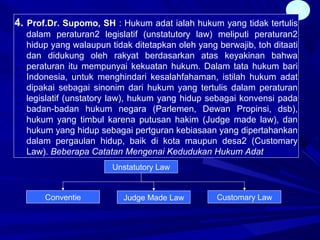 24
4. Prof.Dr. Supomo, SH : Hukum adat ialah hukum yang tidak tertulis
dalam peraturan2 legislatif (unstatutory law) meliputi peraturan2
hidup yang walaupun tidak ditetapkan oleh yang berwajib, toh ditaati
dan didukung oleh rakyat berdasarkan atas keyakinan bahwa
peraturan itu mempunyai kekuatan hukum. Dalam tata hukum bari
Indonesia, untuk menghindari kesalahfahaman, istilah hukum adat
dipakai sebagai sinonim dari hukum yang tertulis dalam peraturan
legislatif (unstatory law), hukum yang hidup sebagai konvensi pada
badan-badan hukum negara (Parlemen, Dewan Propinsi, dsb),
hukum yang timbul karena putusan hakim (Judge made law), dan
hukum yang hidup sebagai pertguran kebiasaan yang dipertahankan
dalam pergaulan hidup, baik di kota maupun desa2 (Customary
Law). Beberapa Catatan Mengenai Kedudukan Hukum Adat
Unstatutory Law
Conventie Customary LawJudge Made Law
 