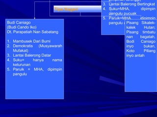 36
Tipe Nagari
Budi Caniago
(Budi Cando Iko)
Dt. Parapatiah Nan Sabatang
1. Mambusek Dari Bumi
2. Demokratis (Musyawarah
Mufakat)
3. Lantai Balerong Datar
4. Suku= hanya nama
keturunan
5. Paruik = MHA, dipimpin
pangulu
pimpinan tertinggi)
3. Lantai Balerong Bertingkat
4. Suku=MHA, dipimpin
pangulu pucuak
5. Paruik=MHA, dipimpin
pangulu andikoPisang Sikalek-
kalek Hutan;
Pisang timbatu
nan bagatah,
Bodi Caniago
inyo bukan,
Koto Piliang
inyo antah
 