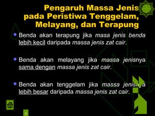 Pengaruh Massa Jenis
     pada Peristiwa Tenggelam,
       Melayang, dan Terapung
   Benda akan terapung jika masa jenis benda
    lebih kecil daripada massa jenis zat cair.

   Benda akan melayang jika massa jenisnya
    sama dengan massa jenis zat cair.

   Benda akan tenggelam jika massa jenisnya
    lebih besar daripada massa jenis zat cair.


      6
 