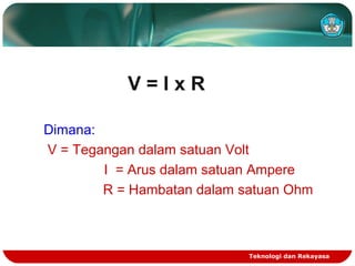 V = I x R
Dimana:
V = Tegangan dalam satuan Volt
I = Arus dalam satuan Ampere
R = Hambatan dalam satuan Ohm
Teknologi dan Rekayasa
 
