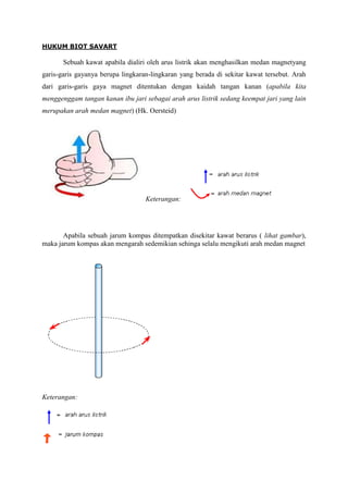 HUKUM BIOT SAVART

       Sebuah kawat apabila dialiri oleh arus listrik akan menghasilkan medan magnetyang
garis-garis gayanya berupa lingkaran-lingkaran yang berada di sekitar kawat tersebut. Arah
dari garis-garis gaya magnet ditentukan dengan kaidah tangan kanan (apabila kita
menggenggam tangan kanan ibu jari sebagai arah arus listrik sedang keempat jari yang lain
merupakan arah medan magnet) (Hk. Oersteid)




                                   Keterangan:




       Apabila sebuah jarum kompas ditempatkan disekitar kawat berarus ( lihat gambar),
maka jarum kompas akan mengarah sedemikian sehinga selalu mengikuti arah medan magnet




Keterangan:
 