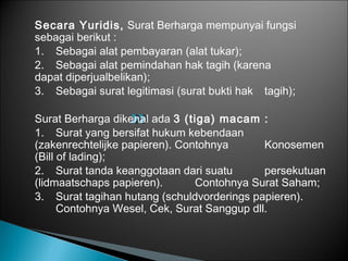 Secara Yuridis, Surat Berharga mempunyai fungsi
sebagai berikut :
1. Sebagai alat pembayaran (alat tukar);
2. Sebagai alat pemindahan hak tagih (karena
dapat diperjualbelikan);
3. Sebagai surat legitimasi (surat bukti hak tagih);
Surat Berharga dikenal ada 3 (tiga) macam :
1. Surat yang bersifat hukum kebendaan
(zakenrechtelijke papieren). Contohnya Konosemen
(Bill of lading);
2. Surat tanda keanggotaan dari suatu persekutuan
(lidmaatschaps papieren). Contohnya Surat Saham;
3. Surat tagihan hutang (schuldvorderings papieren).
Contohnya Wesel, Cek, Surat Sanggup dll.
 