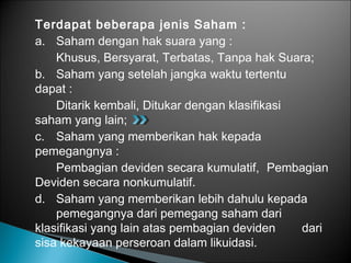 Terdapat beberapa jenis Saham :
a. Saham dengan hak suara yang :
Khusus, Bersyarat, Terbatas, Tanpa hak Suara;
b. Saham yang setelah jangka waktu tertentu
dapat :
Ditarik kembali, Ditukar dengan klasifikasi
saham yang lain;
c. Saham yang memberikan hak kepada
pemegangnya :
Pembagian deviden secara kumulatif, Pembagian
Deviden secara nonkumulatif.
d. Saham yang memberikan lebih dahulu kepada
pemegangnya dari pemegang saham dari
klasifikasi yang lain atas pembagian deviden dari
sisa kekayaan perseroan dalam likuidasi.
 