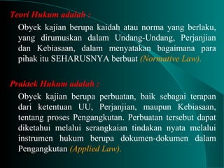 Teori Hukum adalah :
Obyek kajian berupa kaidah atau norma yang berlaku,
yang dirumuskan dalam Undang-Undang, Perjanjian
dan Kebiasaan, dalam menyatakan bagaimana para
pihak itu SEHARUSNYA berbuat (Normative Law).
Praktek Hukum adalah :
Obyek kajian berupa perbuatan, baik sebagai terapan
dari ketentuan UU, Perjanjian, maupun Kebiasaan,
tentang proses Pengangkutan. Perbuatan tersebut dapat
diketahui melalui serangkaian tindakan nyata melalui
instrumen hukum berupa dokumen-dokumen dalam
Pengangkutan (Applied Law).
 
