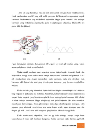 HUKUM FARADAY 17
Arus DC yang bentuknya pulsa ini tidak cocok untuk sebagian besar peralatan listrik.
Untuk mendapatkan arus DC yang lebih stabil, generator DC komersial menggunakan banyak
kumparan dan komutator yang terdistribusi sedemikian hingga pulsa sinusoidal dari berbagai
kumparan saling berbeda fase. Keika pulsa-pulsa ini digabungkan seluruhnya, kluaran DC-nya
nyaris tidak berfluktuasi.
(c ) (d)
Figure (c) diagram skematis dari generaor DC , figure (d) besar ggl berubah seiring waktu
namun polaritasnya tidak pernah berubah
Motor adalah peralatan yang menerima energy dalam bentuk transmisi listrik dan
menyalurkan energy dalam bentuk usaha. Intinya, motor adalah kebalikan dari generator. Alih-
alih menghasilkan arus dengan merotasikan suatu kumparan, suatu arus diberikan pada
kumparan oleh baterai dan torsi yang bekerja pada kumparan yang berarus menyebabkan
berotasi.
Usaha mekanis yang bermanfaat dapat dilakukan dengan cara menempelkan kumparan
yang berputar ini pada suatu alat eksternal. Akan tetapi, ketika kumparan berotasi dalam medan
magnet, fluks magnetic yang berubah menginduksikan suatu ggl pada kumparan. Ggl induksi
ini selalu bekerja sedemikian hingga mengurangi arus pada kumparan. Jika tidak demikian,
maka hukum Lenz dilnggar. Besar ggl meningkat ketika laju rotasi kumparan meningkat. Oleh
tegangan yang ada untuk memberikan arus sama dengan selisih antara tegangan yang dan
dengan ggl balik , maka arus pada kumparan yang berotasi dibatasi oleh ggl balik.
Ketika sebuah moto dinyalakan, tidak ada ggl balik sehingga arusnya sangat besar
karena hanya di batasi oleh hambatan kumparan. Ketika kumparan mulai berotasi, ggl balik
 