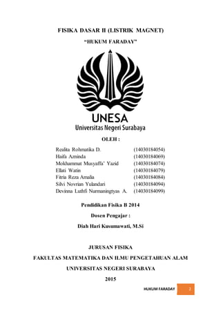 HUKUM FARADAY 2
FISIKA DASAR II (LISTRIK MAGNET)
“HUKUM FARADAY”
OLEH :
Realita Rohmatika D. (14030184054)
Haifa Azninda (14030184069)
Mokhammat Musyaffa’ Yazid (14030184074)
Ellati Watin (14030184079)
Fitria Reza Amalia (14030184084)
Silvi Novrian Yulandari (14030184094)
Devinna Luthfi Nurmaningtyas A. (14030184099)
Pendidikan Fisika B 2014
Dosen Pengajar :
Diah Hari Kusumawati, M.Si
JURUSAN FISIKA
FAKULTAS MATEMATIKA DAN ILMU PENGETAHUAN ALAM
UNIVERSITAS NEGERI SURABAYA
2015
 