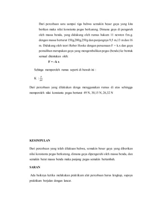 Dari percobaan satu sampai tiga bahwa semakin besar gaya yang kita
berikan maka nilai konstanta pegas berkurang. Dimana gaya di pengaruh
oleh massa benda, yang didukung oleh rumus hukum 11 newton f:m.g.
dengan massa berturut 150g,200g,250g dan panjangnya 9,5 m,13 m dan 16
m. Didukung oleh teori Rober Hooke dengan persamaan F = k.x dan gaya
pemulihan merupakan gaya yang mengembalikan pegas (benda) ke bentuk
semual ditentukan oleh:
F = - k x
Sehinga memperoleh rumus seperti di bawah ini :
K :
𝐹
∆𝑋
Dari percobaan yang dilakukan denga menggunakan rumus di atas sehingga
memperoleh nilai konstanta pegas berturut 49 N, 30,15 N, 26,32 N
KESIMPULAN
Dari percobaan yang telah dilakuan bahwa, semakin besar gaya yang diberikan
nilai konstanta pegas berkurang, dimana gaya dipengaruhi oleh massa benda, dan
semakin berat massa benda maka panjang pegas semakin bertambah.
SARAN
Ada baiknya ketika melakukan praktikum alat percobaan harus lengkap, supaya
praktikum berjalan dengan lancar.
 