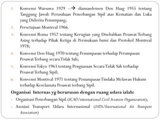 1. Konvensi Warsawa 1929 -- diamandemen Den Haag 1955 tentang
Tanggung Jawab Perusahaan Penerbangan Sipil atas Kematian dan Luka
yang Diderita Penumpang;
2. Persetujuan Montreal 1966.
3. Konvensi Roma 1952 tentang Kerugian yang Disebabkan Pesawat Terbang
Asing terhadap Pihak Ketiga di Permukaan bumi dan Protokol Montreal
1978;
4. Konvensi Den Haag 1970 tentang Penumpasan terhadap Perampasan
PesawatTerbang secaraTidak Sah;
5. KonvensiTokyo 1963 tentang Penguasaan SecaraTidak Sah terhadap
PesawatTerbang Sipil;
6. Konvensi Montreal 1971 tentang PenumpasanTindaka Melawan Hukum
terhadap Keselamata Pesawat terbang Sipil.
Organisai Internas yg berurusan dengan ruang udara ialah:
- Organisasi Penerbangan Sipil (ICAO/international Civil Aviation Organization);
- Asosiasi Transport Udara Internasional (IATA/International Air Transport
Association)
 