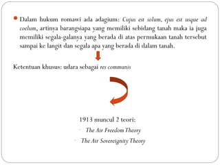 Dalam hukum romawi ada adagium: Cujus est solum, ejus est usque ad
coelum, artinya barangsiapa yang memiliki sebidang tanah maka ia juga
memiliki segala-galanya yang berada di atas permukaan tanah tersebut
sampai ke langit dan segala apa yang berada di dalam tanah.
Ketentuan khusus: udara sebagai res communis
1913 muncul 2 teori:
- The Air FreedomTheory
- The Air SovereignityTheory
 