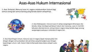 Asas-Asas Hukum Internasional
1. Asas Teritorial, Menurut asas ini, negara melaksanakan hukum bagi
semua orang dan semua barang yang berada dalam wilayahnya.
2. Asas Kebangsaan, menurut asas ini setiap warganegara dimanapun dia
berada, tetap mendapat perlakuan hukum dari nearanya. asas ini memiliki
kekuatan ekstrateritorial, artinya hukum negara tetap berlaku bagi seorang
warganegara walaupun ia berada di negara lain.
3. Asas Kepentingan Umum, menurut asas ini negara dapat menyesuaikan diri
dengan dengan semua keadaan dan peristiwa yang bersangkut paut dengan
kepentingan umum. Jadi, hukum tidak terikat pada batas-batas wilayah suatu
negara.
 