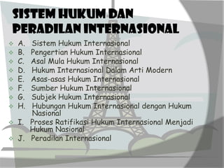 Sistem Hukum dan
Peradilan Internasional
A.
B.
 C.
 D.
 E.
 F.
 G.
 H.






Sistem Hukum Internasional
Pengertian Hukum Internasional
Asal Mula Hukum Internasional
Hukum Internasional Dalam Arti Modern
Asas-asas Hukum Internasional
Sumber Hukum Internasional
Subjek Hukum Internasional
Hubungan Hukum Internasional dengan Hukum
Nasional
I. Proses Ratifikasi Hukum Internasional Menjadi
Hukum Nasional
J. Peradilan Internasional

 