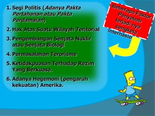 1. Segi Politis (Adanya Pakta

Pertahanan atau Pakta
Perdamaian)

2. Hak Atas Suatu Wilayah Teritorial
3. Pengembangan Senjata Nuklir
atau Senjata Biologi
4. Permasalahan Terorisme
5. Ketidakpuasan Terhadap Rezim
Yang Berkuasa.
6. Adanya Hegemoni (pengaruh
kekuatan) Amerika.

 