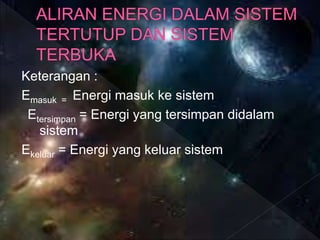 Keterangan :
Emasuk = Energi masuk ke sistem
Etersimpan = Energi yang tersimpan didalam
sistem
Ekeluar = Energi yang keluar sistem
 
