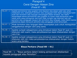 19
Paragraf 4
Cerai Dengan Alasan Zina
(Pasal 87 – 88)
PSL 87 : 1 Apabila permohonan atau gugatan cerai diajukan atas alasan salah satu pihak
melakukan zina, sedangkan pemohon atau penggugat tidak dapat melengkapi bukti-
bukti dan termohon atau tergugat menyanggah alasan tersebut, dan Hakim
berpendapat bahwa permohonan atau gugatan itu bukan tiada pembuktian sama
sekali serta upaya peneguhan alat bukti tidak mungkin lagi diperoleh baik dari
pemohon atau penggugat maupun dari termohon atau tergugat, maka Hakim karena
jabatannya dapat menyuruh pemohon atau penggugat untuk bersumpah.
PSL 87 : 2 Pihak termohon atau tergugat diberi kesempatan pula untuk meneguhkan
sanggahannya dengan cara yang sama.
PSL 88 : 1 Apabila sumpah sebagaimana yang dimaksud dalam Pasal 87 ayat (1)
dilakukan oleh suami, maka penyelesaiannya dapat dilaksanakan dengan
cara li'an.
PSL 88 : 2 Apabila sumpah sebagaimana yang dimaksud dalam Pasal 87 ayat (1)
dilakukan oleh istri maka penyelesaiannya dilaksanakan dengan hukum
acara yang berlaku.
Biaya Perkara (Pasal 89 – 91)
Pasal 89 : 1 : “Biaya perkara dalam bidang perkawinan dibebankan
kepada penggugat atau Pemohon”.
 