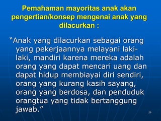 29
Pemahaman mayoritas anak akan
pengertian/konsep mengenai anak yang
dilacurkan :
“Anak yang dilacurkan sebagai orang
yang pekerjaannya melayani laki-
laki, mandiri karena mereka adalah
orang yang dapat mencari uang dan
dapat hidup membiayai diri sendiri,
orang yang kurang kasih sayang,
orang yang berdosa, dan penduduk
orangtua yang tidak bertanggung
jawab.”
 