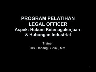 PROGRAM PELATIHAN
    LEGAL OFFICER
Aspek: Hukum Ketenagakerjaan
    & Hubungan Industrial
              Trainer:
      Drs. Dadang Budiaji, MM.




                                 1
 