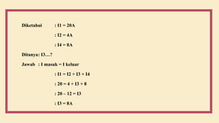 Diketahui : I1 = 20A
: I2 = 4A
: I4 = 8A
Ditanya: I3…?
Jawab : I masuk = I keluar
: I1 = I2 + I3 + I4
: 20 = 4 + I3 + 8
: 20 – 12 = I3
: I3 = 8A
 