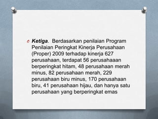 O Ketiga. Berdasarkan penilaian Program
 Penilaian Peringkat Kinerja Perusahaan
 (Proper) 2009 terhadap kinerja 627
 perusahaan, terdapat 56 perusahaaan
 berperingkat hitam, 48 perusahaan merah
 minus, 82 perusahaan merah, 229
 perusahaan biru minus, 170 perusahaan
 biru, 41 perusahaan hijau, dan hanya satu
 perusahaan yang berperingkat emas
 