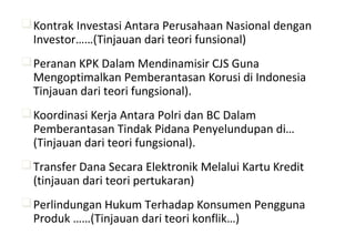 Kontrak Investasi Antara Perusahaan Nasional dengan
Investor……(Tinjauan dari teori funsional)
Peranan KPK Dalam Mendinamisir CJS Guna
Mengoptimalkan Pemberantasan Korusi di Indonesia
Tinjauan dari teori fungsional).
Koordinasi Kerja Antara Polri dan BC Dalam
Pemberantasan Tindak Pidana Penyelundupan di…
(Tinjauan dari teori fungsional).
Transfer Dana Secara Elektronik Melalui Kartu Kredit
(tinjauan dari teori pertukaran)
Perlindungan Hukum Terhadap Konsumen Pengguna
Produk ……(Tinjauan dari teori konflik…)
 