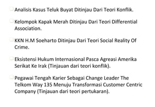 Analisis Kasus Teluk Buyat Ditinjau Dari Teori Konflik.
Kelompok Kapak Merah Ditinjau Dari Teori Differential
Association.
KKN H.M Soeharto Ditinjau Dari Teori Social Reality Of
Crime.
Eksistensi Hukum Internasional Pasca Agreasi Amerika
Serikat Ke Irak (Tinjauan dari teori konflik).
Pegawai Tengah Karier Sebagai Change Leader The
Telkom Way 135 Menuju Transformasi Customer Centric
Company (Tinjauan dari teori pertukaran).
 