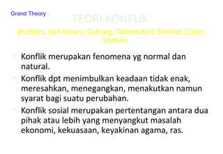 TEORI KONFLIK
(Hobbes, Karl Maarx, Galtung, Dahrendorf, Simmel, Coser,
Slotkin)
• Konflik merupakan fenomena yg normal dan
natural.
• Konflik dpt menimbulkan keadaan tidak enak,
meresahkan, menegangkan, menakutkan namun
syarat bagi suatu perubahan.
• Konflik sosial merupakan pertentangan antara dua
pihak atau lebih yang menyangkut masalah
ekonomi, kekuasaan, keyakinan agama, ras.
Grand Theory
 