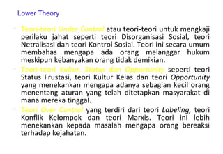 • Teori teori‑ Under Control atau teori teori untuk mengkaji‑
perilaku jahat seperti teori Disorganisasi Sosial, teori
Netralisasi dan teori Kontrol Sosial. Teori ini secara umum
membahas mengapa ada orang melanggar hukum
meskipun kebanyakan orang tidak demikian.
• Teori teori‑ Kultur, Status dan Opportunity seperti teori
Status Frustasi, teori Kultur Kelas dan teori Opportunity
yang menekankan mengapa adanya sebagian kecil orang
menentang aturan yang telah ditetapkan masyarakat di
mana mereka tinggal.
• Teori Over Control yang terdiri dari teori Labeling, teori
Konflik Kelompok dan teori Marxis. Teori ini lebih
menekankan kepada masalah mengapa orang bereaksi
terhadap kejahatan.
Lower Theory
 