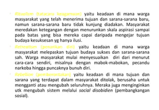 • Ritualism (tatacara keagamaan) yaitu keadaan di mana warga
masyarakat yang telah menerima tujuan dan sarana-sarana baru,
namun sarana-sarana baru tidak kunjung diadakan. Masyarakat
meredakan ketegangan dengan menurunkan skala aspirasi sampai
pada batas yang bisa mereka capai daripada mengejar tujuan
budaya kesuksesan yg hanya ilusi.
• Retreatism (penarikan diri) yaitu keadaan di mana warga
masyarakat melepaskan tujuan budaya sukses dan sarana-sarana
sah. Warga masyarakat mulai menyesuaikan diri dari menurut
cara-cara sendiri, misalnya dengan mabok-mabokan, pecandu
narkoba hingga puncaknya bunuh diri.
• Rebellion (pemberontakan) yaitu keadaan di mana tujuan dan
sarana yang terdapat dalam masyarakat ditolak, berusaha untuk
mengganti atau mengubah seluruhnya. Meraka juga menginginkan
utk mengubah sistem melalui social disobidien (pembangkangan
sosial).
 