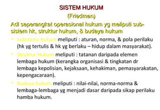 • Substansi hukum meliputi : aturan, norma, & pola perilaku
(hk yg tertulis & hk yg berlaku – hidup dalam masyarakat).
• Struktur Hukum meliputi : tatanan daripada elemen
lembaga hukum (kerangka organisasi & tingkatan dr
lembaga kepolisian, kejaksaan, kehakiman, pemasyarakatan,
kepengacaraan).
• Budaya hukum meliputi : nilai-nilai, norma-norma &
lembaga-lembaga yg menjadi dasar daripada sikap perilaku
hamba hukum.
SISTEM HUKUMSISTEM HUKUM
(Friedman)(Friedman)
Adl seperangkat operasional hukum yg meliputi sub-Adl seperangkat operasional hukum yg meliputi sub-
sistem hk, struktur hukum, & budaya hukumsistem hk, struktur hukum, & budaya hukum
 