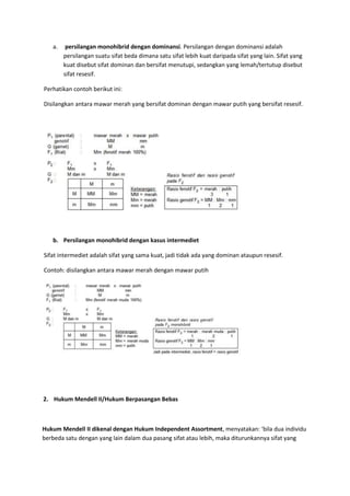 a.

persilangan monohibrid dengan dominansi. Persilangan dengan dominansi adalah
persilangan suatu sifat beda dimana satu sifat lebih kuat daripada sifat yang lain. Sifat yang
kuat disebut sifat dominan dan bersifat menutupi, sedangkan yang lemah/tertutup disebut
sifat resesif.

Perhatikan contoh berikut ini:
Disilangkan antara mawar merah yang bersifat dominan dengan mawar putih yang bersifat resesif.

b. Persilangan monohibrid dengan kasus intermediet
Sifat intermediet adalah sifat yang sama kuat, jadi tidak ada yang dominan ataupun resesif.
Contoh: disilangkan antara mawar merah dengan mawar putih

2. Hukum Mendell II/Hukum Berpasangan Bebas

Hukum Mendell II dikenal dengan Hukum Independent Assortment, menyatakan: ‘bila dua individu
berbeda satu dengan yang lain dalam dua pasang sifat atau lebih, maka diturunkannya sifat yang

 