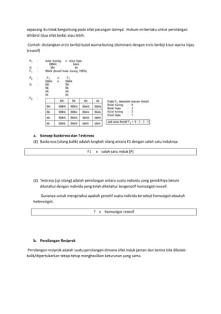 sepasang itu tidak bergantung pada sifat pasangan lainnya’. Hukum ini berlaku untuk persilangan
dihibrid (dua sifat beda) atau lebih.
Contoh: disilangkan ercis berbiji bulat warna kuning (dominan) dengan ercis berbiji kisut warna hijau
(resesif)

a. Konsep Backcross dan Testcross
(1) Backcross (silang balik) adalah langkah silang antara F1 dengan salah satu induknya
F1

x salah satu induk (P)

(2) Testcros (uji silang) adalah persilangan antara suatu individu yang genotifnya belum
diketahui dengan individu yang telah diketahui bergenotif homozigot resesif.
Gunanya untuk mengetahui apakah genotif suatu individu tersebut homozigot ataukah
heterozigot.
? x homozigot resesif

b. Persilangan Resiprok
Persilangan resiprok adalah suatu persilangan dimana sifat induk jantan dan betina bila dibolakbalik/dipertukarkan tetapi tetap menghasilkan keturunan yang sama.

 
