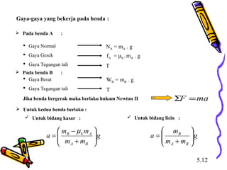 5.12
Gaya-gaya yang bekerja pada benda :
 Pada benda A :
 Gaya Normal
 Gaya Gesek
 Gaya Tegangan tali
NA = mA . g
fA = µk .mA . g
T
 Pada benda B :
 Gaya Berat
 Gaya Tegangan tali
WB = mB . g
T
Jika benda bergerak maka berlaku hukum Newton II maF =Σ
 Untuk kedua benda berlaku :
g
mm
mm
a
BA
AkB






+
−
=
µ
 Untuk bidang kasar :  Untuk bidang licin :
g
mm
m
a
BA
B






+
=
 
