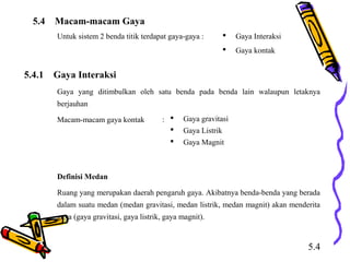 5.4 Macam-macam Gaya
Untuk sistem 2 benda titik terdapat gaya-gaya :  Gaya Interaksi
 Gaya kontak
5.4.1 Gaya Interaksi
Gaya yang ditimbulkan oleh satu benda pada benda lain walaupun letaknya
berjauhan
Macam-macam gaya kontak :  Gaya gravitasi
 Gaya Listrik
 Gaya Magnit
Definisi Medan
Ruang yang merupakan daerah pengaruh gaya. Akibatnya benda-benda yang berada
dalam suatu medan (medan gravitasi, medan listrik, medan magnit) akan menderita
gaya (gaya gravitasi, gaya listrik, gaya magnit).
5.4
 