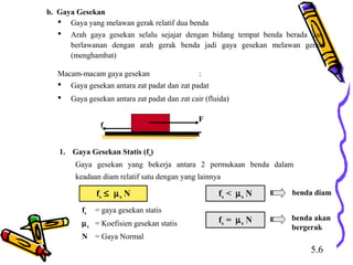 b. Gaya Gesekan
 Gaya yang melawan gerak relatif dua benda
 Arah gaya gesekan selalu sejajar dengan bidang tempat benda berada dan
berlawanan dengan arah gerak benda jadi gaya gesekan melawan gerak
(menghambat)
Macam-macam gaya gesekan :
 Gaya gesekan antara zat padat dan zat padat
 Gaya gesekan antara zat padat dan zat cair (fluida)
1. Gaya Gesekan Statis (fs)
Gaya gesekan yang bekerja antara 2 permukaan benda dalam
keadaan diam relatif satu dengan yang lainnya
fs ≤ µs N
fs = gaya gesekan statis
µs = Koefisien gesekan statis
N = Gaya Normal
fs < µs N
fs = µs N
benda diam
benda akan
bergerak
f
F
5.6
 