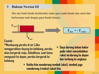 3 Hukum Newton III
Jika dua buah benda berinteraksi maka gaya pada benda satu sama dan
berlawanan arah dengan gaya benda lainnya
Faksi = - Freaksi
m
Freaksi
Faksi
Contoh :
Mendayung perahu di air (Jika
menggerakkan dayung ke belakang, perahu
akan bergerak maju. Sebaliknya, saat kamu
mengayuh ke depan, perahu bergerak ke
belakang
• Ketika kita mendorong tembok (aksi), tembok juga
mendorong (reaksi) tubuh kita
• Gaya dorong bahan bakar
pada roket menyebabkan
roket terdorong ke depan
dan terbang ke angkasa
 