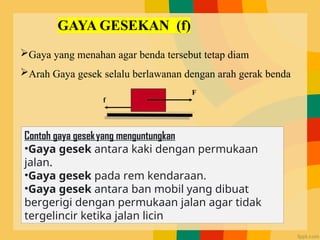 Gaya yang menahan agar benda tersebut tetap diam
Arah Gaya gesek selalu berlawanan dengan arah gerak benda
f
F
Contoh gaya gesekyang menguntungkan
•Gaya gesek antara kaki dengan permukaan
jalan.
•Gaya gesek pada rem kendaraan.
•Gaya gesek antara ban mobil yang dibuat
bergerigi dengan permukaan jalan agar tidak
tergelincir ketika jalan licin
 