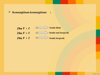 Kemungkinan-kemungkinan :
benda diam
benda saat bergerak
benda bergerak
Jika F < f
Jika F = f
Jika F > f
 