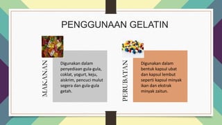 PENGGUNAAN GELATIN
MAKANAN
PERUBATAN
Digunakan dalam
penyediaan gula-gula,
coklat, yogurt, keju,
aiskrim, pencuci mulut
segera dan gula-gula
getah.
Digunakan dalam
bentuk kapsul ubat
dan kapsul lembut
seperti kapsul minyak
ikan dan ekstrak
minyak zaitun.
 