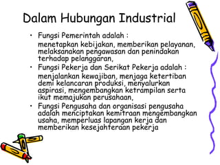 Dalam Hubungan Industrial <ul><li>Fungsi Pemerintah adalah : </li></ul><ul><li>menetapkan kebijakan, memberikan pelayanan,...
