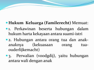  Hukum Keluarga (Familerecht) Memuat:
 1. Perkawinan beserta hubungan dalam
hukum harta kekayaan antara suami-istri
 2. Hubungan antara orang tua dan anak-
anaknya (kekuasaan orang tua-
ouderlijkemacht)
 3. Perwalian (voodgdij), yaitu hubungan
antara wali dengan anak
 