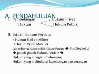 A. PENDAHULUAN
I. Pembidangan Hukum Privat
Hukum Hukum Publik
II. Istilah Hukum Perdata
= Hukum Sipil >< Militer
(Hukum Privat Materil)
Lazim dipergunakan istilah Hukum Perdata  Prof.Soebekti
 pokok-pokok Hukum Perdata 
Hukum yang mengatur hubungan,
Hukum yang melindungi kepentingan perseorangan
 