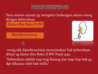 Yaitu aturan-aturan yg mengatur hubungan antara orang
dengan kebendaan
orang tdk diperkenankan menciptakan hak kebendaan
diluar yg diatur dlm Buku II BW Pasal 499:
“Kebendaan adalah tiap-tiap barang dan tiap-tiap hak yg
dpt dikuasai oleh hak milik.”