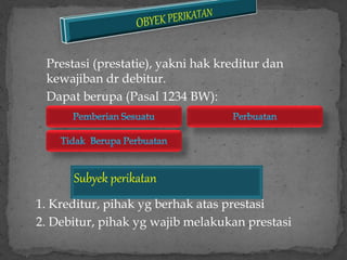 Prestasi (prestatie), yakni hak kreditur dan
kewajiban dr debitur.
Dapat berupa (Pasal 1234 BW):
1. Kreditur, pihak yg berhak atas prestasi
2. Debitur, pihak yg wajib melakukan prestasi
Subyek perikatan