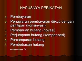 HAPUSNYA PERIKATAN

a.   Pembayaran
b.   Penawaran pembayaran diikuti dengan
     penitipan (konsinyasi)
c.   Pembaruan hutang (novasi)
d.   Perjumpaan hutang (kompensasi)
e.   Percampuran hutang
f.   Pembebasan hutang
     ----------- >
 