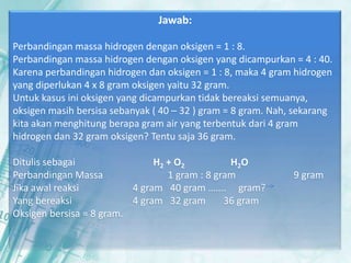 Jawab:

Perbandingan massa hidrogen dengan oksigen = 1 : 8.
Perbandingan massa hidrogen dengan oksigen yang dicampurkan = 4 : 40.
Karena perbandingan hidrogen dan oksigen = 1 : 8, maka 4 gram hidrogen
yang diperlukan 4 x 8 gram oksigen yaitu 32 gram.
Untuk kasus ini oksigen yang dicampurkan tidak bereaksi semuanya,
oksigen masih bersisa sebanyak ( 40 – 32 ) gram = 8 gram. Nah, sekarang
kita akan menghitung berapa gram air yang terbentuk dari 4 gram
hidrogen dan 32 gram oksigen? Tentu saja 36 gram.

Ditulis sebagai                H2 + O2          H2O
Perbandingan Massa                1 gram : 8 gram             9 gram
Jika awal reaksi          4 gram 40 gram ….... gram?
Yang bereaksi             4 gram 32 gram       36 gram
Oksigen bersisa = 8 gram.
 