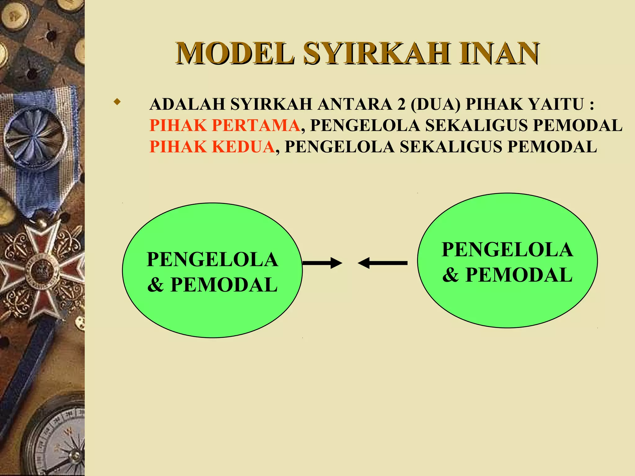 MODEL SYIRKAH INANMODEL SYIRKAH INAN
 ADALAH SYIRKAH ANTARA 2 (DUA) PIHAK YAITU :
PIHAK PERTAMA, PENGELOLA SEKALIGUS PEMODAL
PIHAK KEDUA, PENGELOLA SEKALIGUS PEMODAL
PENGELOLA
& PEMODAL
PENGELOLA
& PEMODAL
 
