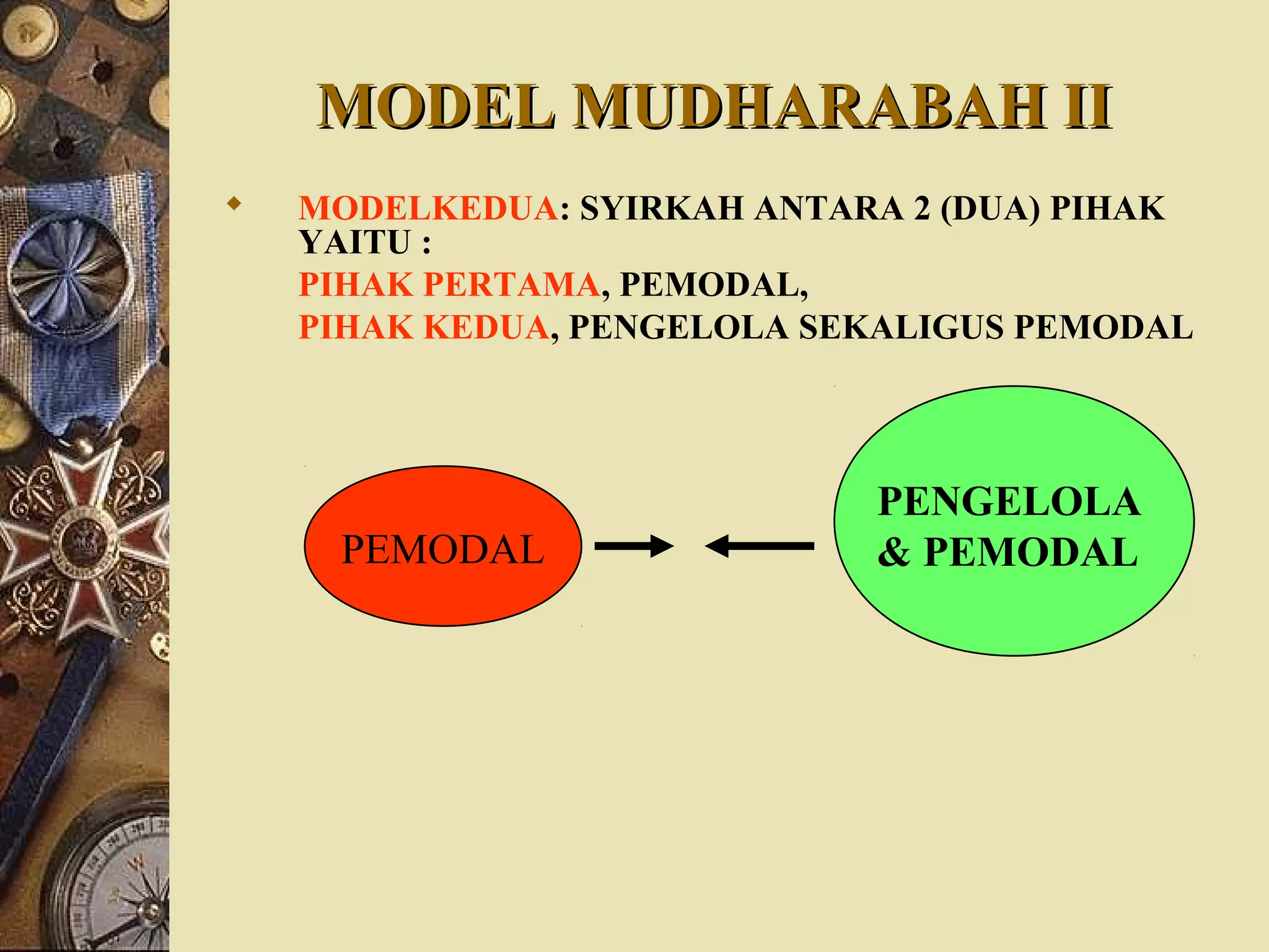 MODEL MUDHARABAH IIMODEL MUDHARABAH II
 MODELKEDUA: SYIRKAH ANTARA 2 (DUA) PIHAK
YAITU :
PIHAK PERTAMA, PEMODAL,
PIHAK KEDUA, PENGELOLA SEKALIGUS PEMODAL
PEMODAL
PENGELOLA
& PEMODAL
 