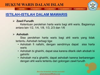 HOME PENGERTIAN PETA KONSEP
Ilmu kian bertambah, hati kian merendah
HUKUM WARIS DALAM ISLAM
ISTILAH-ISTILAH PERHITUNGAN
iqbalmuhammadf@yahoo.com
ISTILAH-ISTILAH DALAM MAWARIS
 Zawil Furudh
Ketentuan perolehan harta waris bagi ahli waris. Bagiannya
antara lain 1/2, 1/4, 1/8, 1/3, 2/3 dan 1/6
 Ashobah
Sisa perolehan harta waris bagi ahli waris yang tidak
tertentu. Ashobah terbagi tiga:
• Ashobah fi nafsihi, dengan sendirinya dapat sisa harta
waris
• Ashobah bi ghairihi, dapat sisa karena ditarik oleh ahobah bi
gahirihi
• Ashobah ma’a ghairihi, dapat ashobah karena berbarengan
dengan ahli waris tertentu dari golongan zawil furudh
 