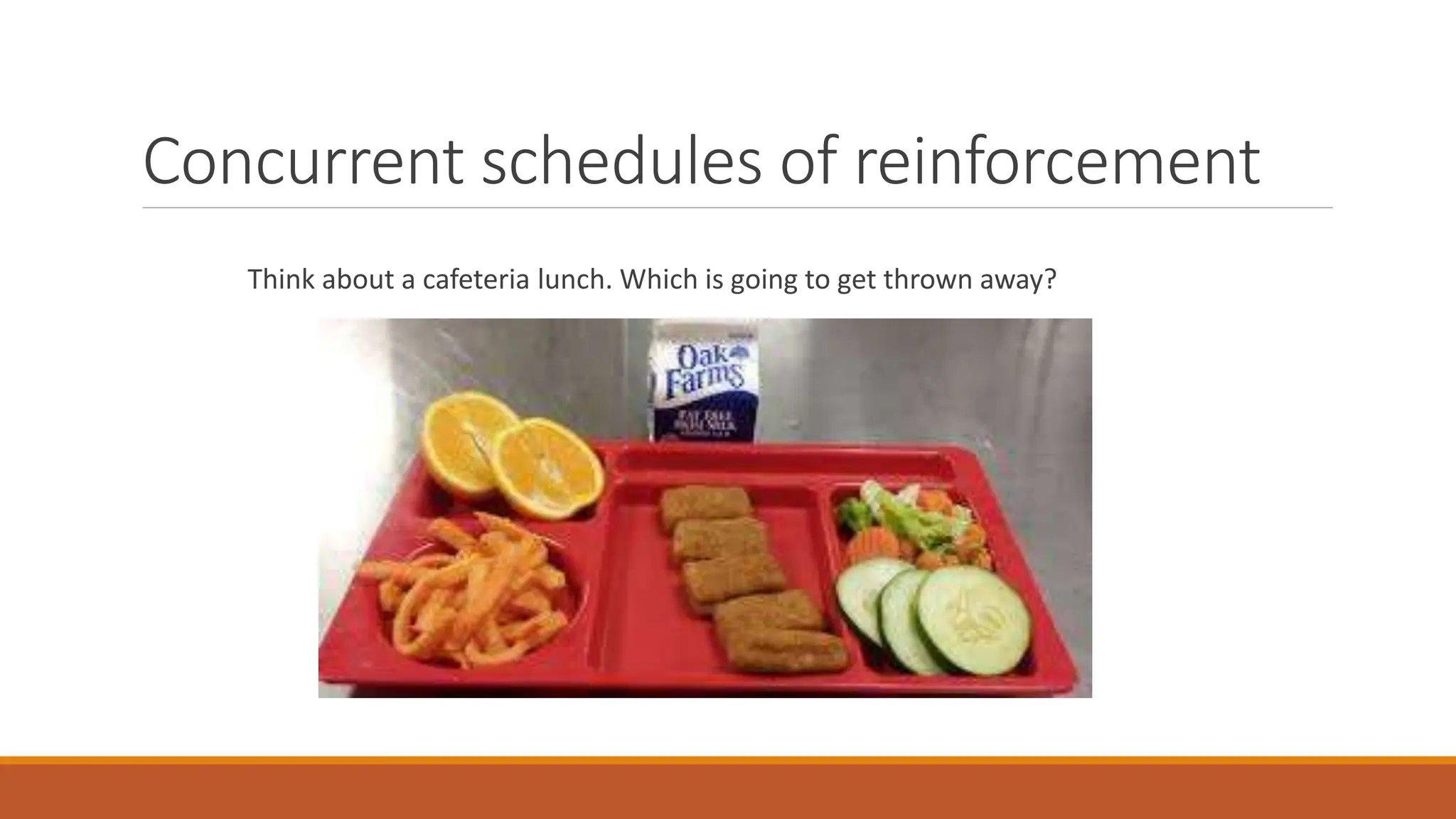 Concurrent schedules of reinforcement
Think about a cafeteria lunch. Which is going to get thrown away?
 