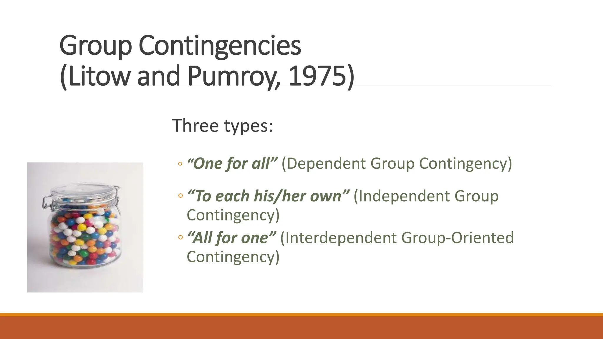 Group Contingencies
(Litow and Pumroy, 1975)
Three types:
◦ “One for all” (Dependent Group Contingency)
◦ “To each his/her own” (Independent Group
Contingency)
◦ “All for one” (Interdependent Group-Oriented
Contingency)
 